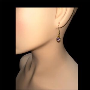 Faux Amethyst Wire Hook Earrings in Gold Tone